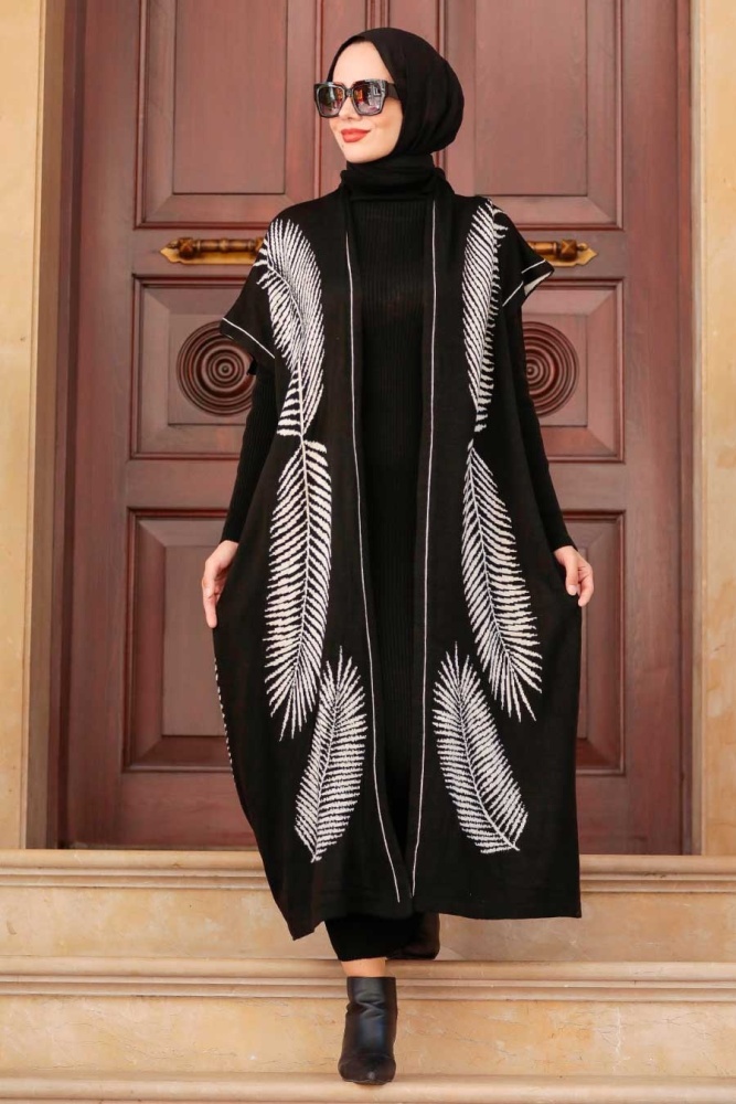 Neva Style - Tüy Desenli Siyah Tesettür Triko İkili Takım 3183S - 1