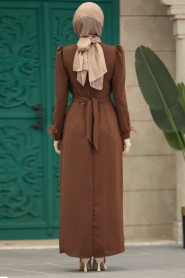 Neva Style - Tüy Detaylı Kahverengi Tesettür Elbise 8791KH - Thumbnail