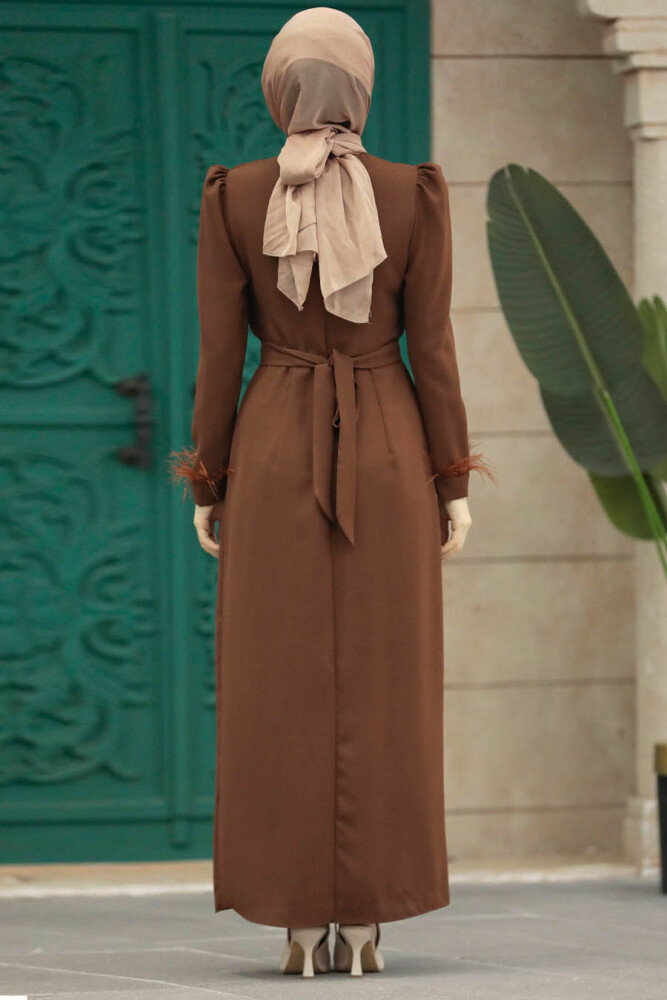 Neva Style - Tüy Detaylı Kahverengi Tesettür Elbise 8791KH - 2
