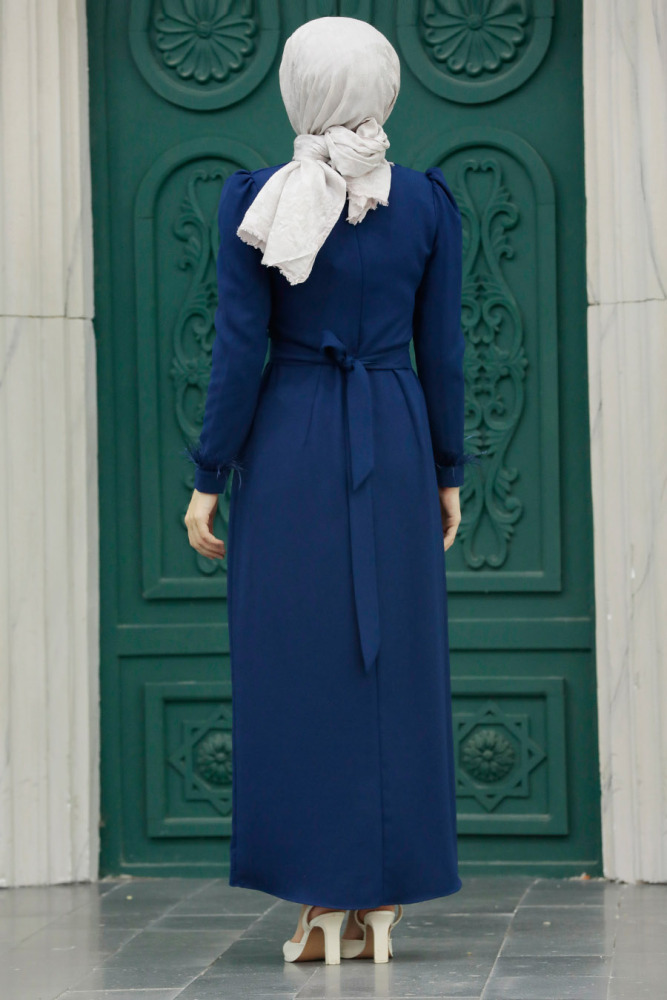 Neva Style - Tüy Detaylı Lacivert Tesettür Elbise 8791L - 3