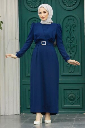 Robe longue et couvrante à détails en plumes – Bleu marine 8791L - 1
