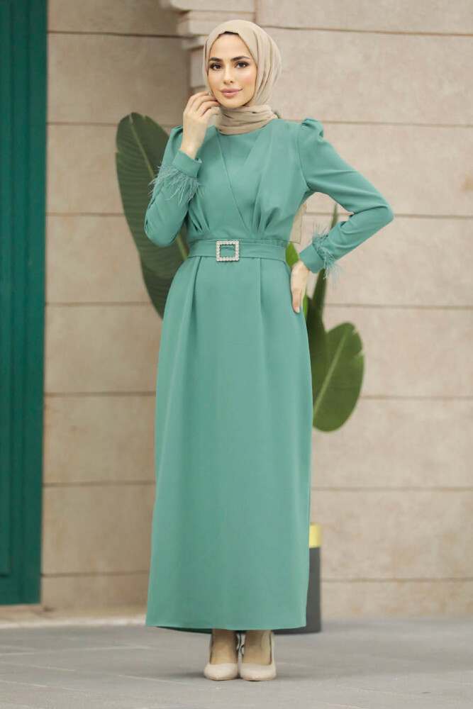 Neva Style - Tüy Detaylı Mint Tesettür Elbise 8791MINT - 1