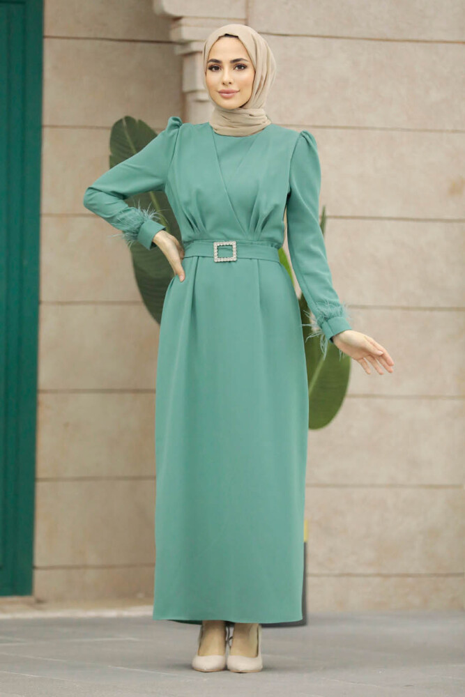 Neva Style - Tüy Detaylı Mint Tesettür Elbise 8791MINT - 2