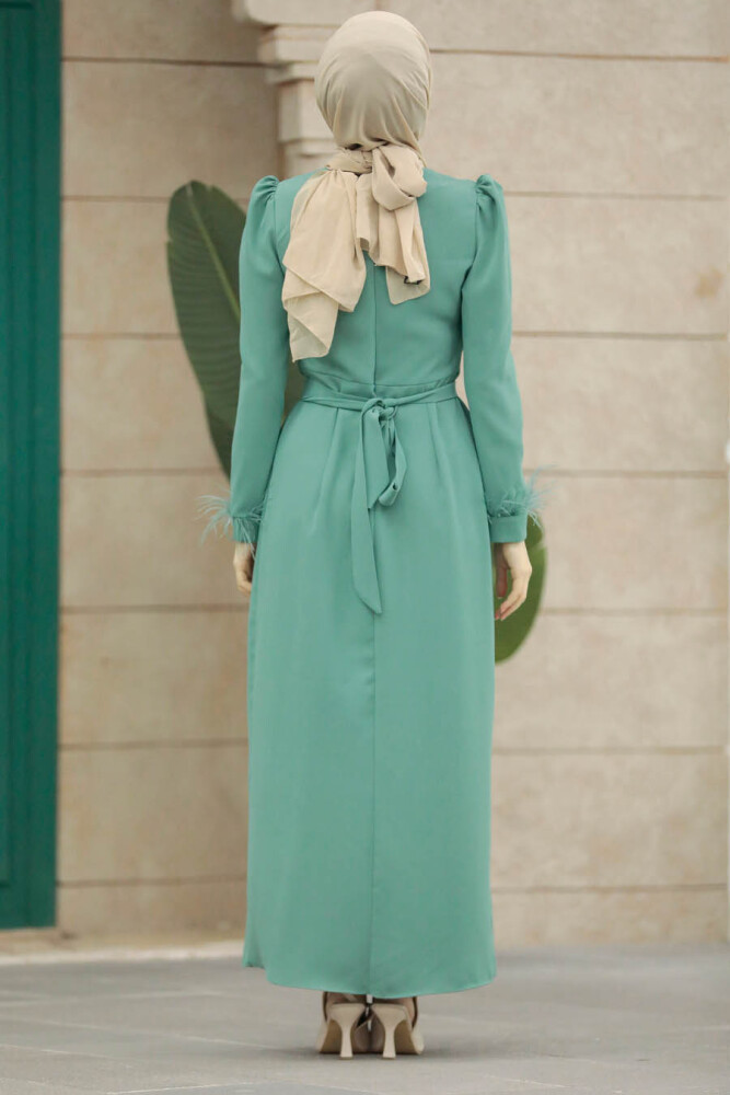 Neva Style - Tüy Detaylı Mint Tesettür Elbise 8791MINT - 3