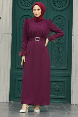 Neva Style - Tüy Detaylı Mürdüm Tesettür Elbise 8791MU - 2