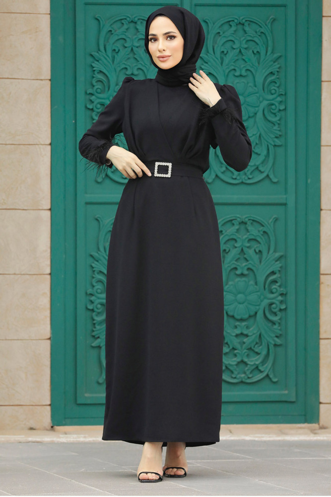 Neva Style - Tüy Detaylı Siyah Tesettür Elbise 8791S - 2
