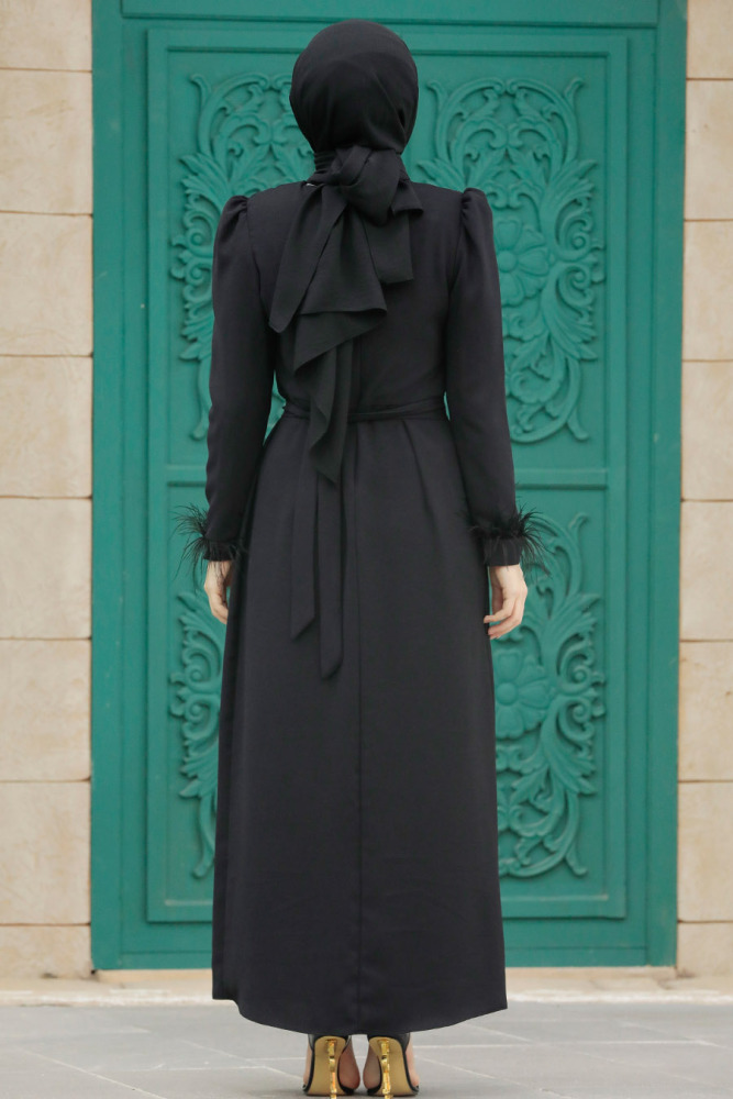 Neva Style - Tüy Detaylı Siyah Tesettür Elbise 8791S - 4