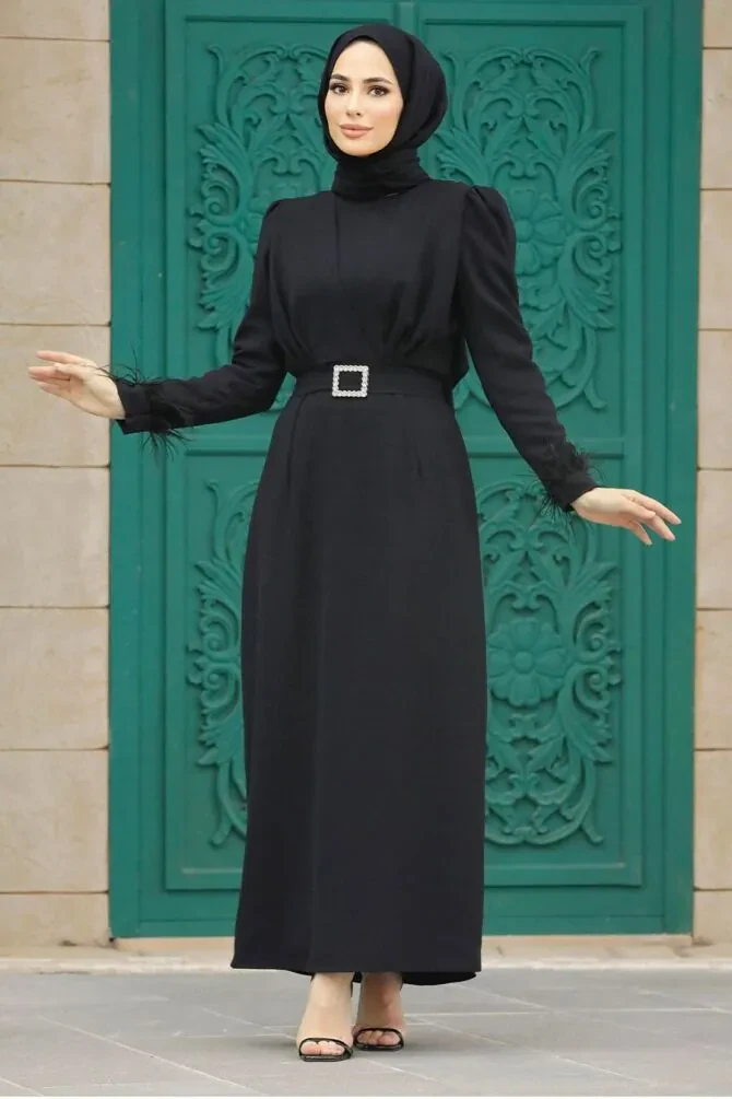  Tüy Detaylı Siyah Tesettür Elbise 8791S - 1