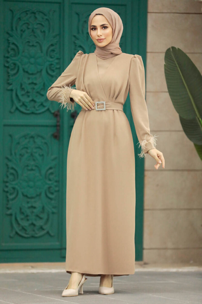 Neva Style - Tüy Detaylı Vizon Tesettür Elbise 8791V - NEVA STYLE