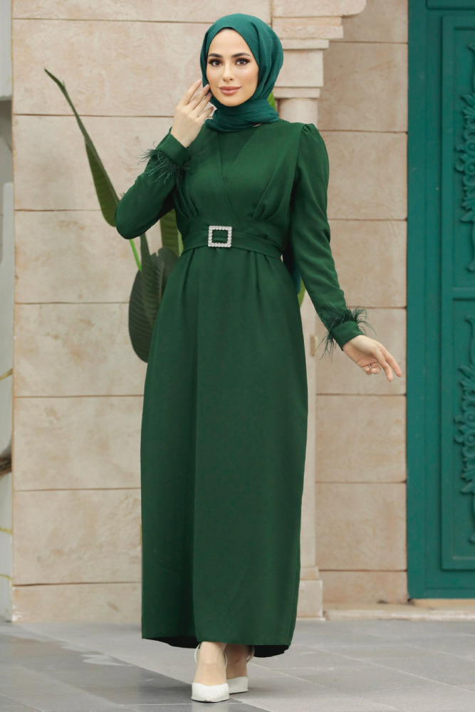 Neva Style - Tüy Detaylı Zümrüt Yeşili Tesettür Elbise 8791ZY - NEVA STYLE