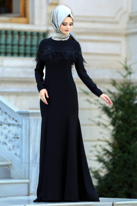 Neva Style - Tüylü Siyah Tesettür Abiye Elbise 3513S