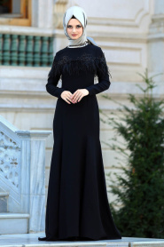 Neva Style - Tüylü Siyah Tesettür Abiye Elbise 3513S - Thumbnail