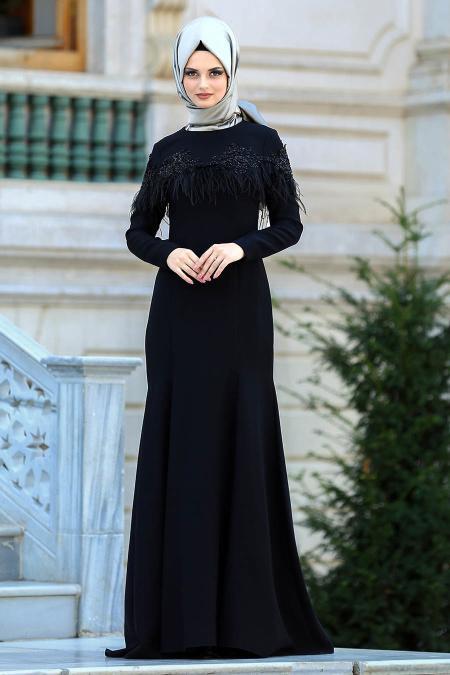 Neva Style - Tüylü Siyah Tesettür Abiye Elbise 3513S - 2