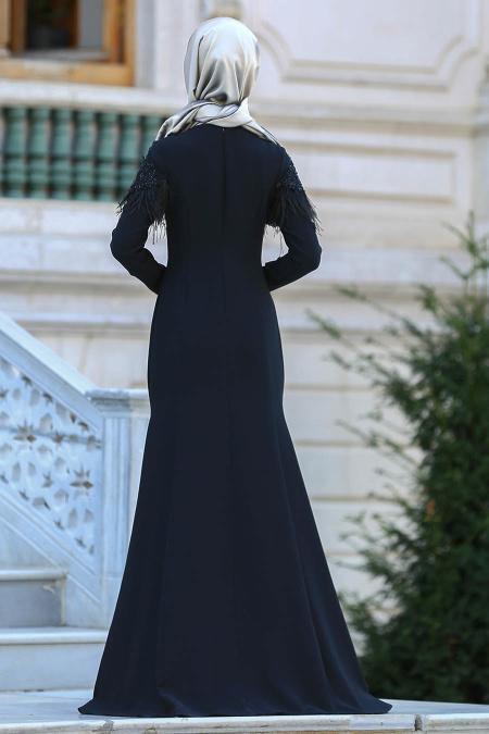 Neva Style - Tüylü Siyah Tesettür Abiye Elbise 3513S - 3
