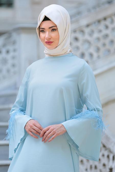 Neva Style - Tüylü Volan Kol Buz Mavisi Tesettür Tunik 52440BM - 2