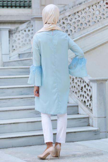 Neva Style - Tüylü Volan Kol Buz Mavisi Tesettür Tunik 52440BM - 3