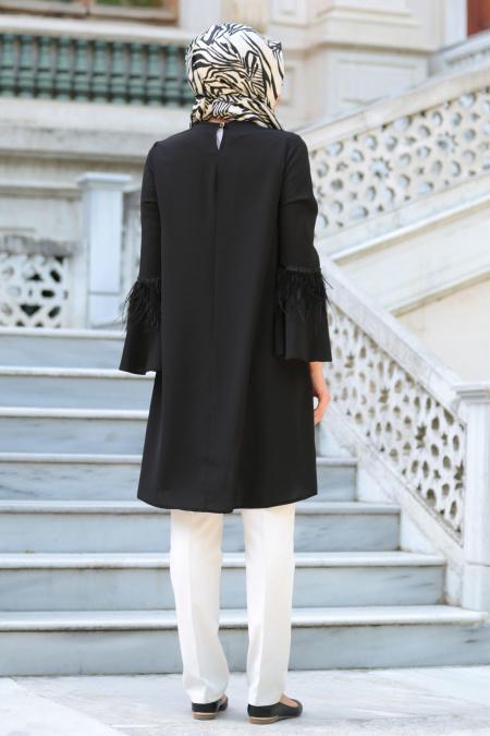 Neva Style - Tüylü Volan Kol Siyah Tesettür Tunik 52440S - 3