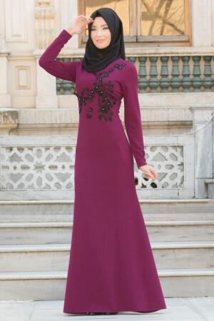 Neva Style - Üç Boyut Çiçekli Mürdüm Tesettür Abiye Elbise 10031MU - 1