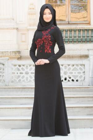 Neva Style - Üç Boyut Çiçekli Siyah Tesettür Abiye Elbise 10031S - 1