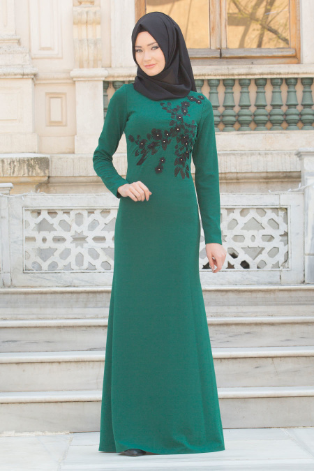 Neva Style - Üç Boyut Çiçekli Yeşil Tesettür Abiye Elbise 10031Y
