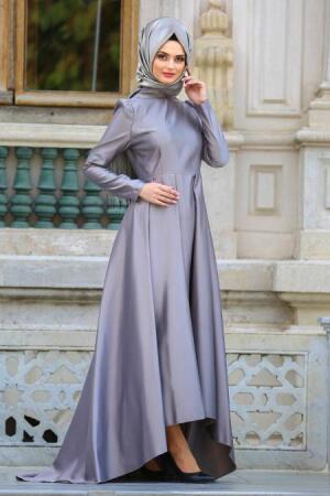 Neva Style - Omuzları Püsküllü Gri Tesettür Abiye Elbise 3543GR - 1