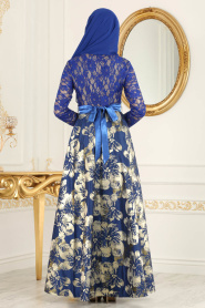 Neva Style - Üstü Dantel Detaylı Çiçek Baskılı Sax Mavisi Tesettür Abiye Elbise 2698SX - Thumbnail