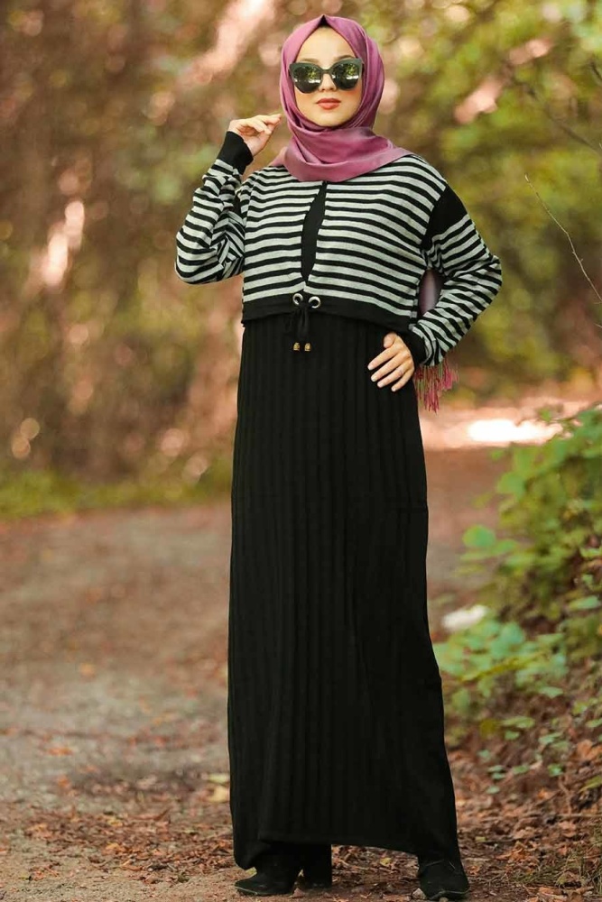 Neva Style - Üstü Desenli Gri Tesettür Triko Elbise 10282GR - 1