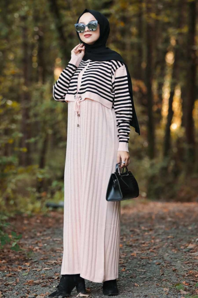 Neva Style - Üstü Desenli Pudra Tesettür Triko Elbise 10282PD - 1