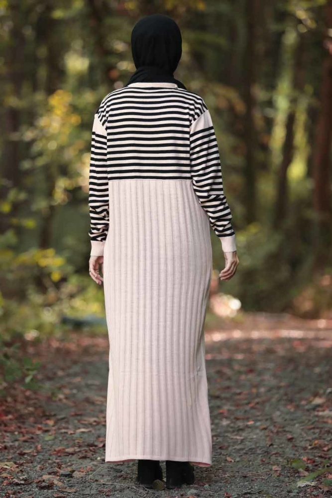 Neva Style - Üstü Desenli Pudra Tesettür Triko Elbise 10282PD - 2