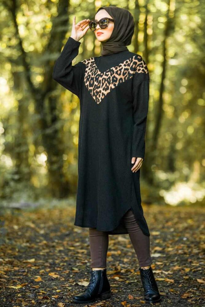 Neva Style - Üstü Leopar Detaylı Siyah Tesettür Triko Tunik 12052S - 1