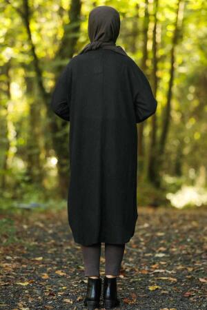 Neva Style - Üstü Leopar Detaylı Siyah Tesettür Triko Tunik 12052S - 2
