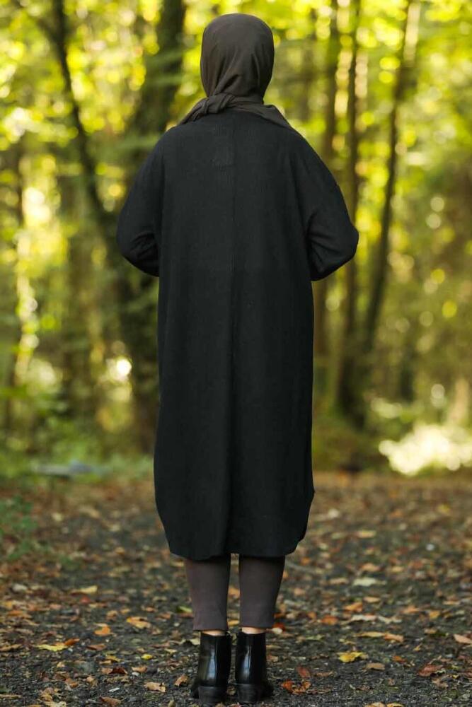 Neva Style - Üstü Leopar Detaylı Siyah Tesettür Triko Tunik 12052S - 2