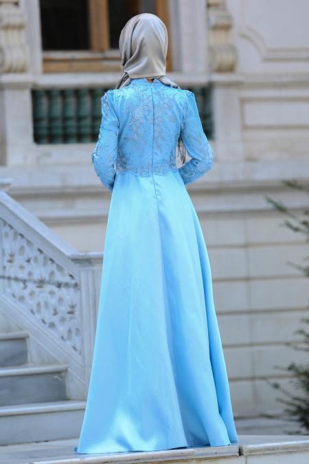 Neva Style - Üzeri Dantelli Bebek Mavisi Tesettür Abiye Elbise 3542BM - 2