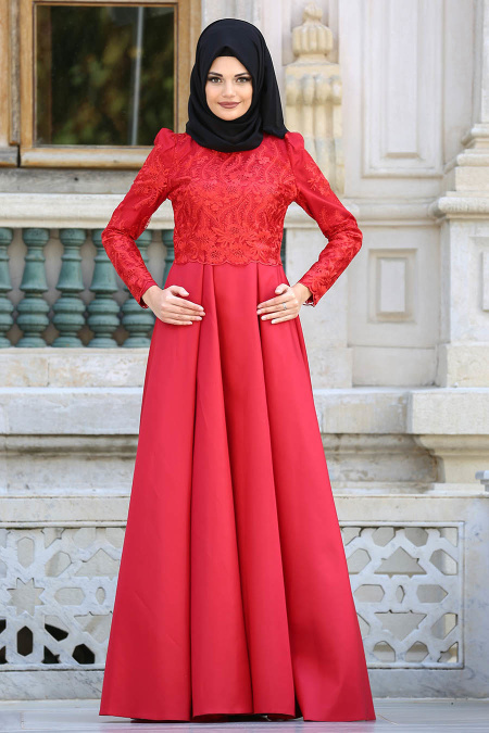 Neva Style - Üzeri Dantelli Kırmızı Tesettür Abiye Elbise 3542K