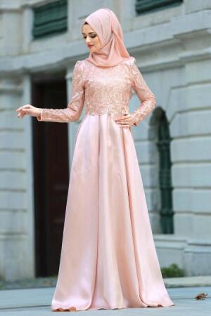 Neva Style - Üzeri Dantelli Somon Tesettür Abiye Elbise 3542SMN - 1