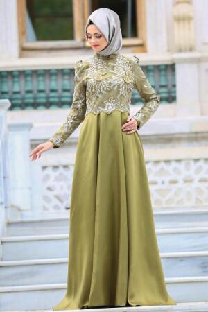 Neva Style - Üzeri Dantelli Yağ Yeşili Tesettür Abiye Elbise 3542YY - 1