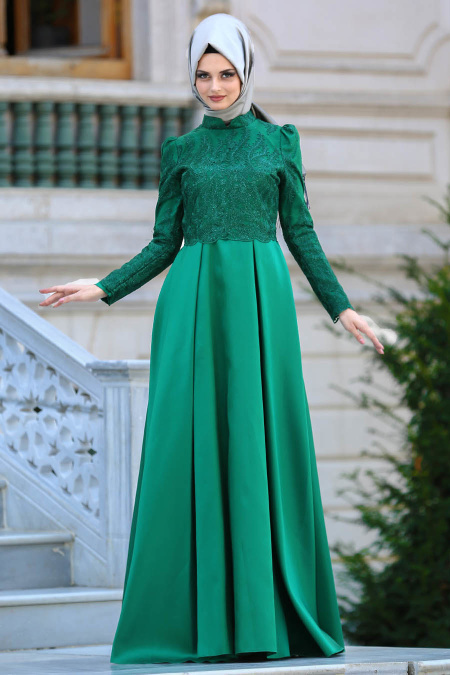 Neva Style - Üzeri Dantelli Yeşil Tesettür Abiye Elbise 3542Y