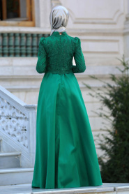 Neva Style - Üzeri Dantelli Yeşil Tesettür Abiye Elbise 3542Y - Thumbnail