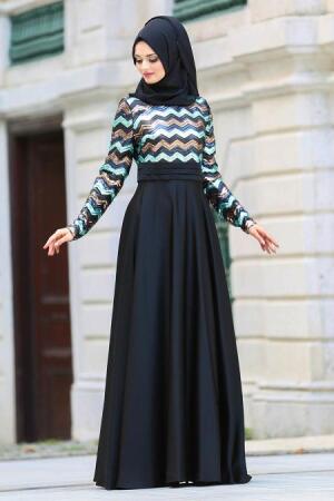 Neva Style - Üzeri Payetli Siyah Tesettür Abiye Elbise 3569S - 1