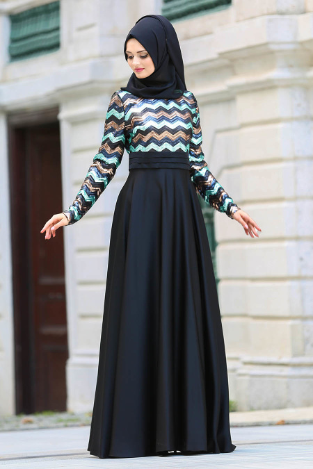 Neva Style - Üzeri Payetli Siyah Tesettür Abiye Elbise 3569S