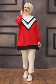Neva Style - V Şerit Kırmızı Tesettür Sweatshirt 6302K - Thumbnail