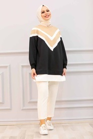 Neva Style - V Şerit Siyah Tesettür Sweatshirt 6302S - Thumbnail