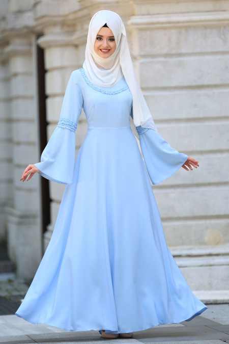 Neva Style - Volan Kol Bebek Mavisi Tesettür Elbise 41580BM