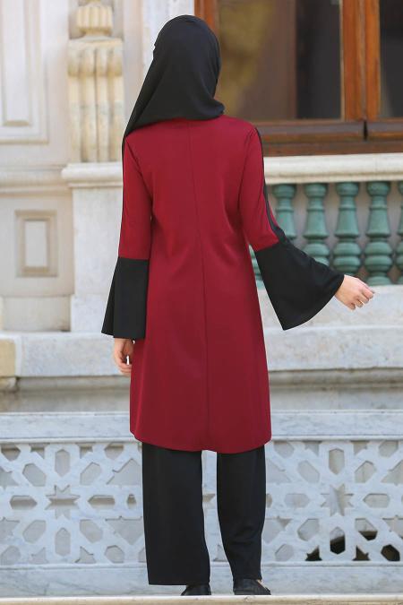 Neva Style - Volan Kol Bordo Tunik / Pantolon Tesettür Takım 53240BR - 2