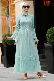 Neva Style - Volan Kol Çağla Yeşili Tesettür Elbise 100421CY - Thumbnail
