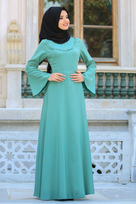 Neva Style - Volan Kol Çağla Yeşili Tesettür Elbise 41580CY