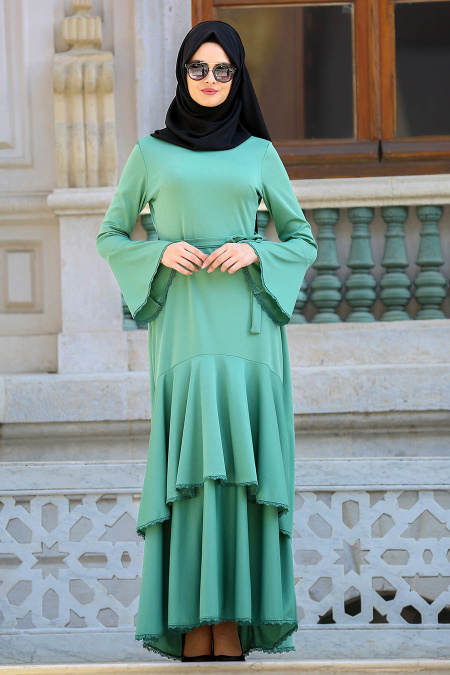 Neva Style - Volan Kol Çağla Yeşili Tesettür Elbise 41840CY