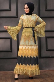 Neva Style - Volan Kol Desenli Gold Tesettür Elbise 23813GOLD - Thumbnail