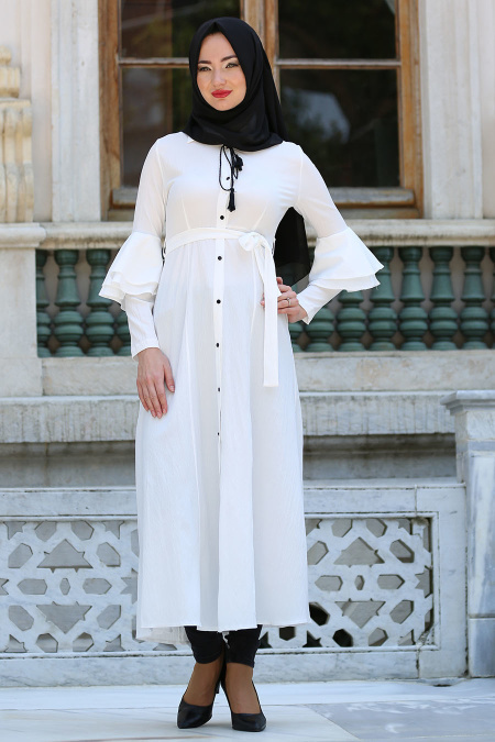 Neva Style - Volan Kol Düğmeli Beyaz Tesettür Elbise 52360B