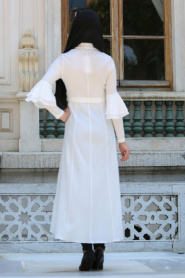 Neva Style - Volan Kol Düğmeli Beyaz Tesettür Elbise 52360B - Thumbnail